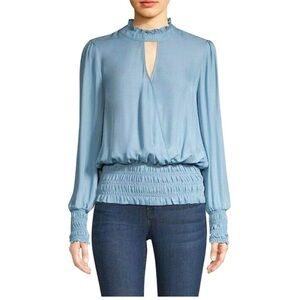 Parker Light Blue Sammi Silk-Blend High Neck Wrap Cutout Smocked Blouse, size L